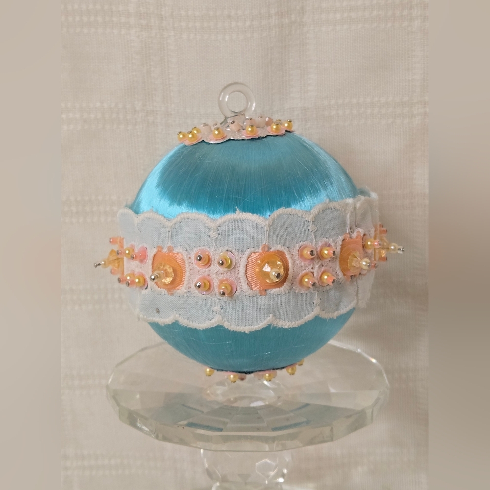 Vintage Beaded Push Pin Handmade Christmas Ornament Blue Ornate 1970s Lace